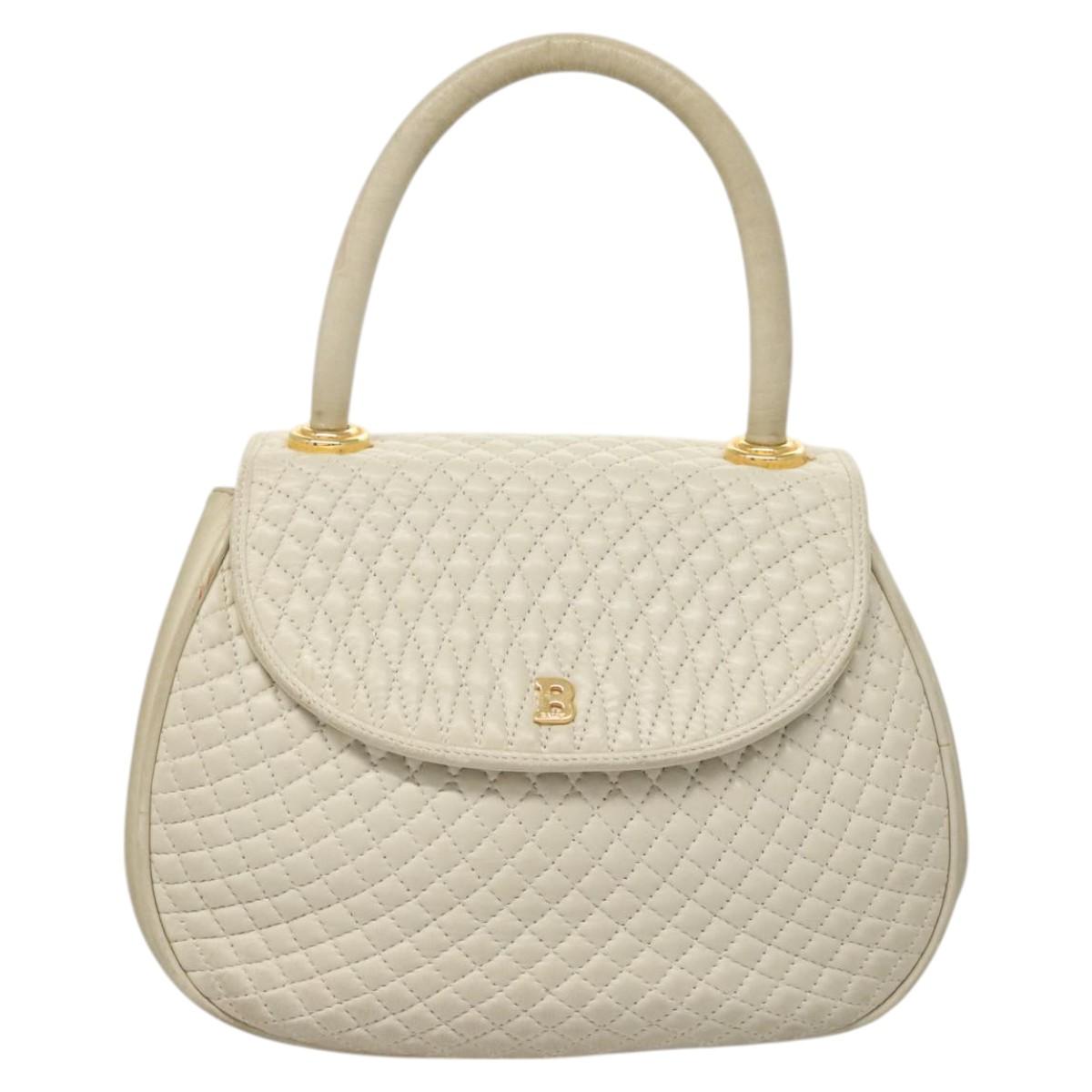 BALLY Hand Bag Leather White Gold Auth 120949