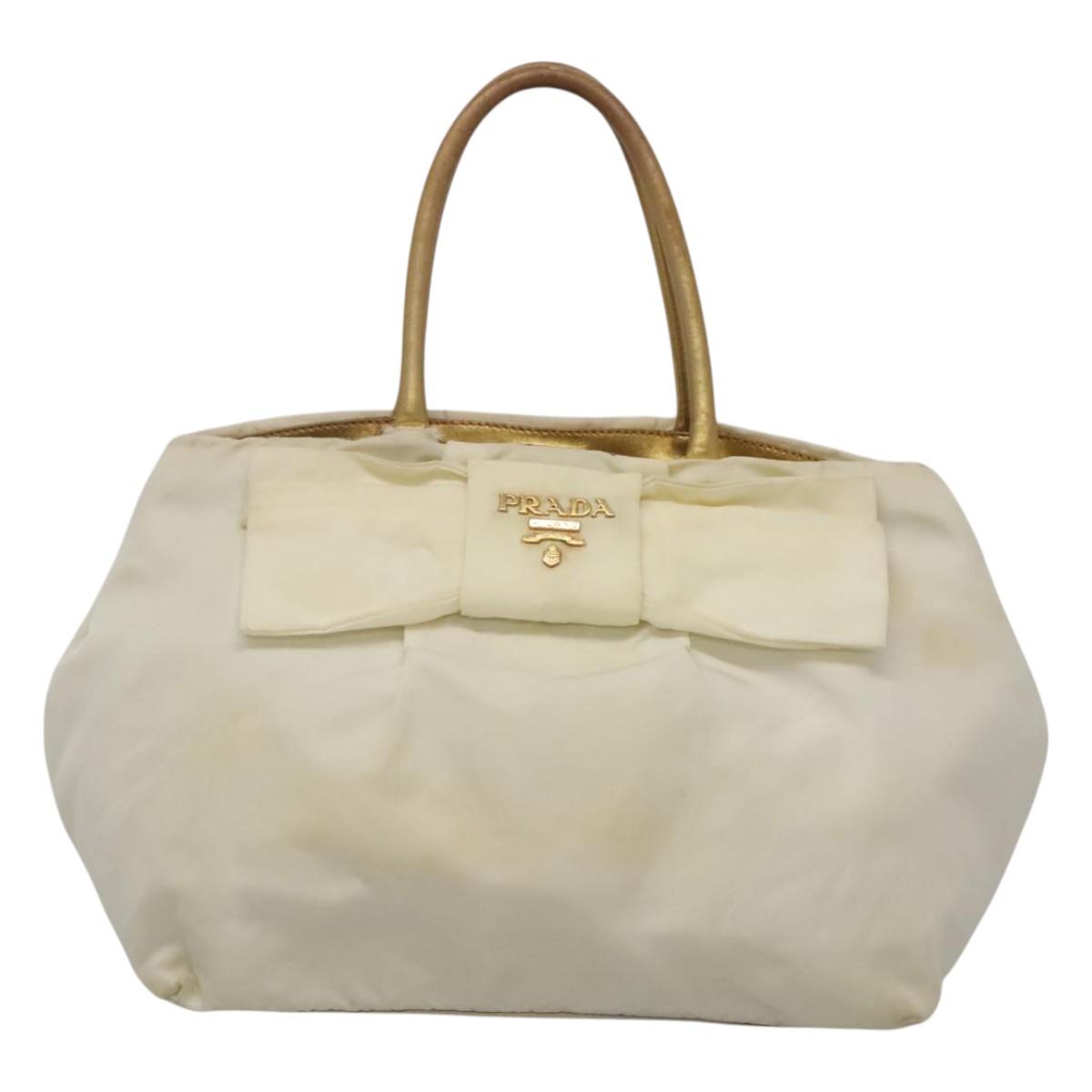 PRADA Hand Bag Nylon White Gold Auth 120951