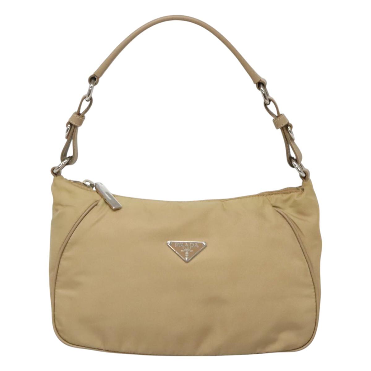 PRADA Shoulder Bag Nylon Beige Silver Auth 120952