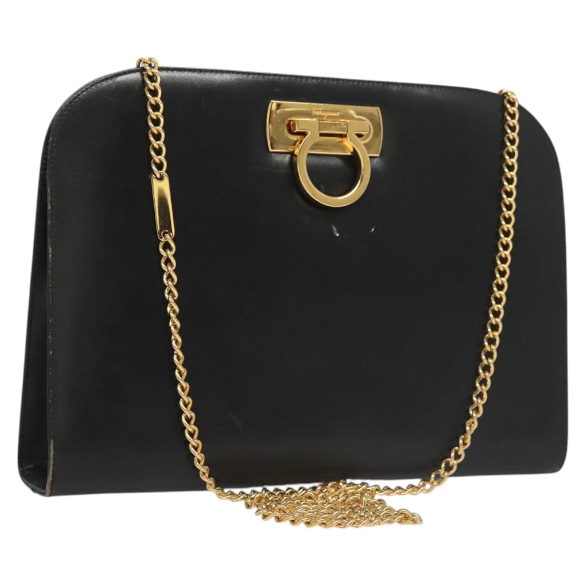 Salvatore Ferragamo Gancini Chain Shoulder Bag Leather Black Gold Auth 120975