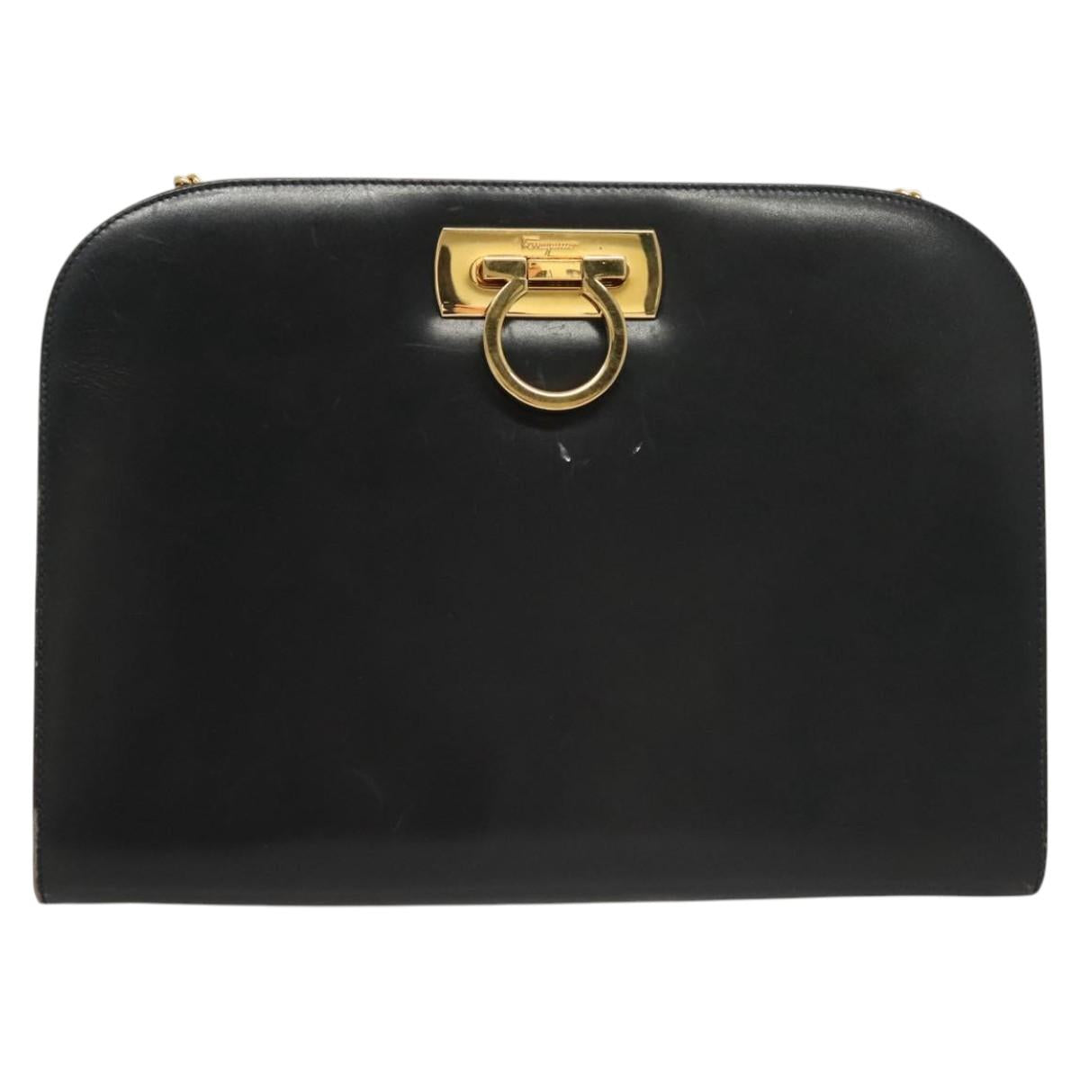 Salvatore Ferragamo Gancini Chain Shoulder Bag Leather Black Gold Auth 120975