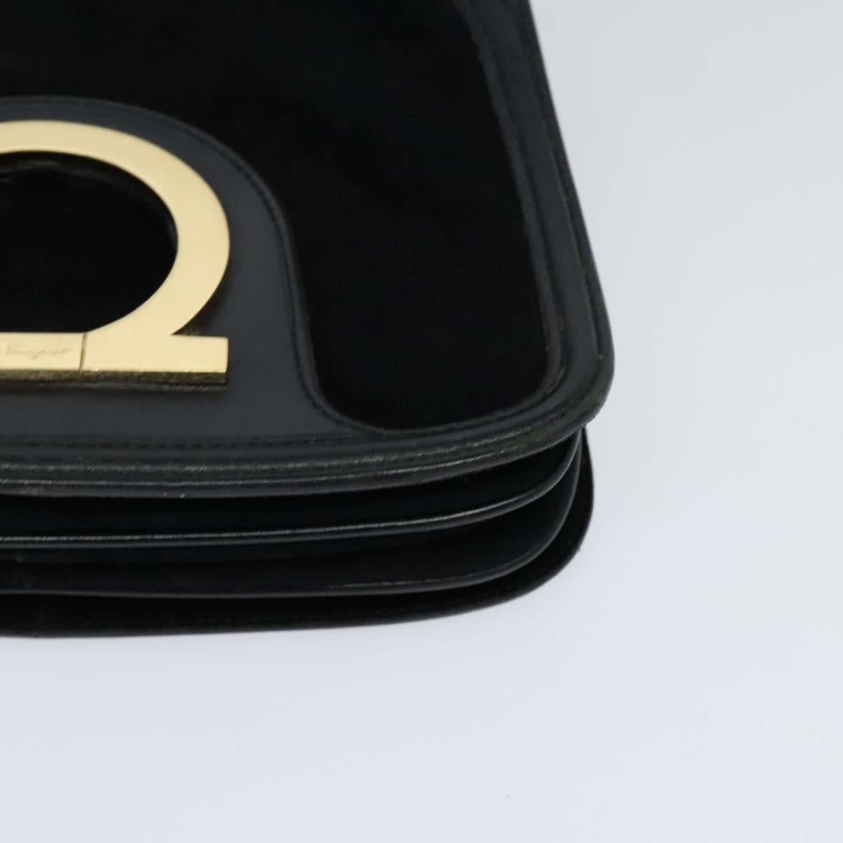 Salvatore Ferragamo Gancini Chain Shoulder Bag Suede Black Gold Auth 120977