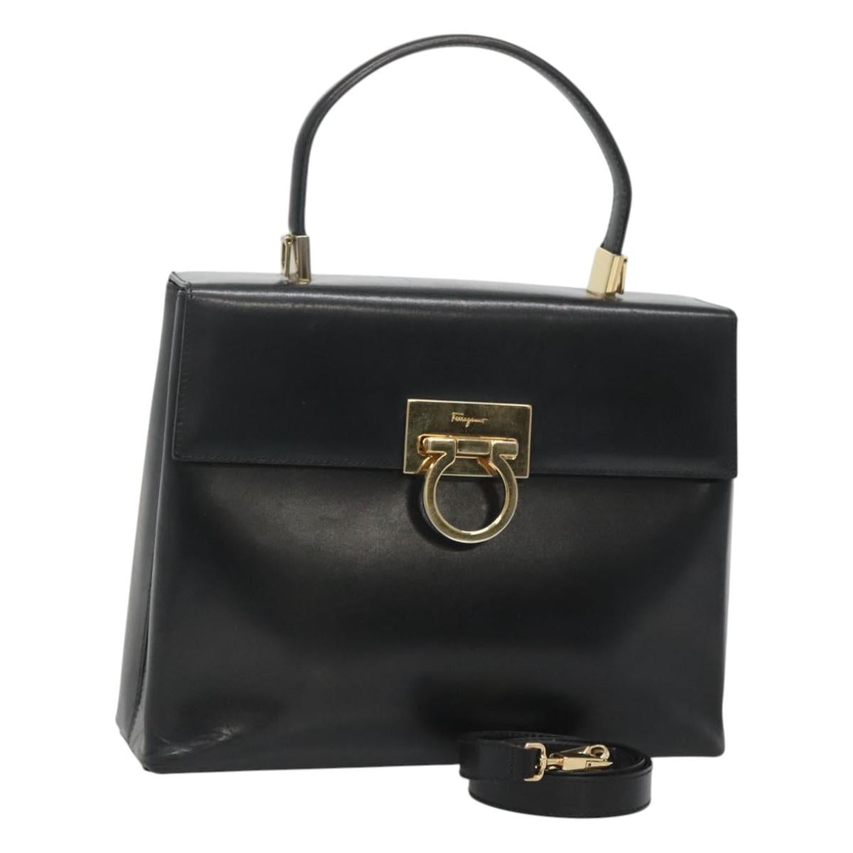 Salvatore Ferragamo Gancini Hand Bag Leather 2way Black Gold Auth 120978