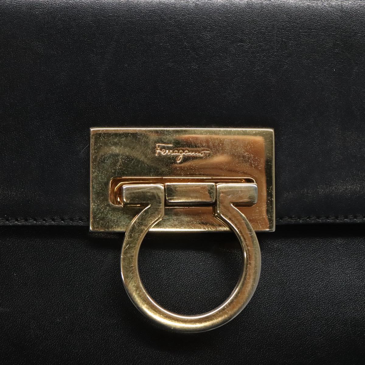 Salvatore Ferragamo Gancini Hand Bag Leather 2way Black Gold Auth 120978