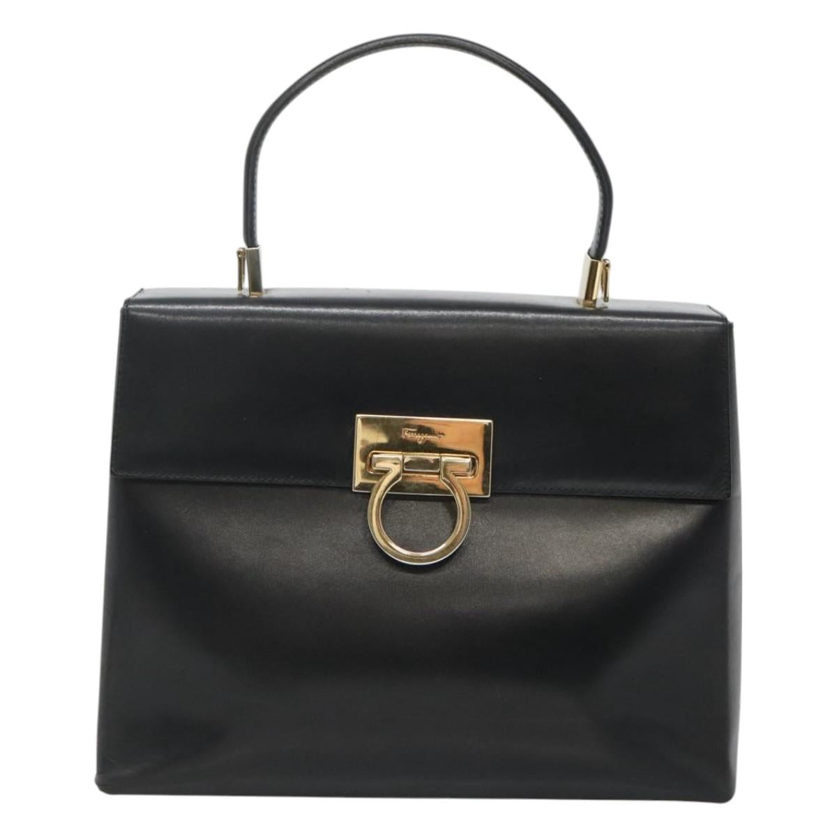 Salvatore Ferragamo Gancini Hand Bag Leather 2way Black Gold Auth 120978