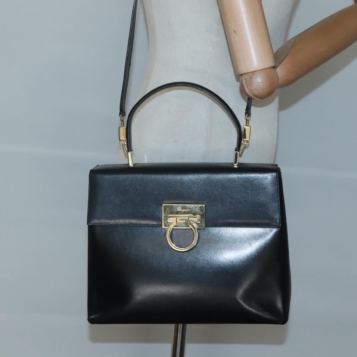 Salvatore Ferragamo Gancini Hand Bag Leather 2way Black Gold Auth 120978