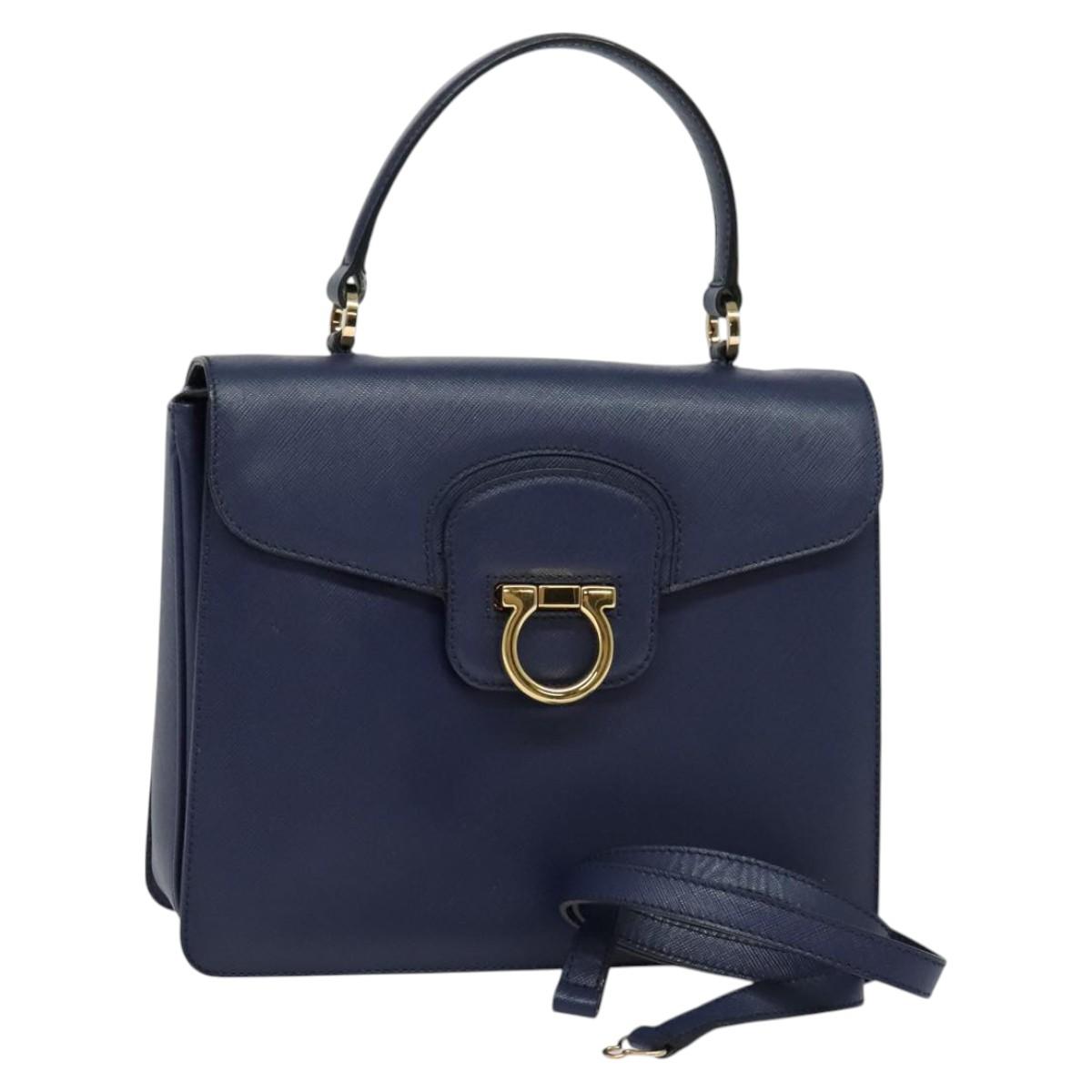 Salvatore Ferragamo Gancini Hand Bag Leather 2way Navy Gold Auth 120979