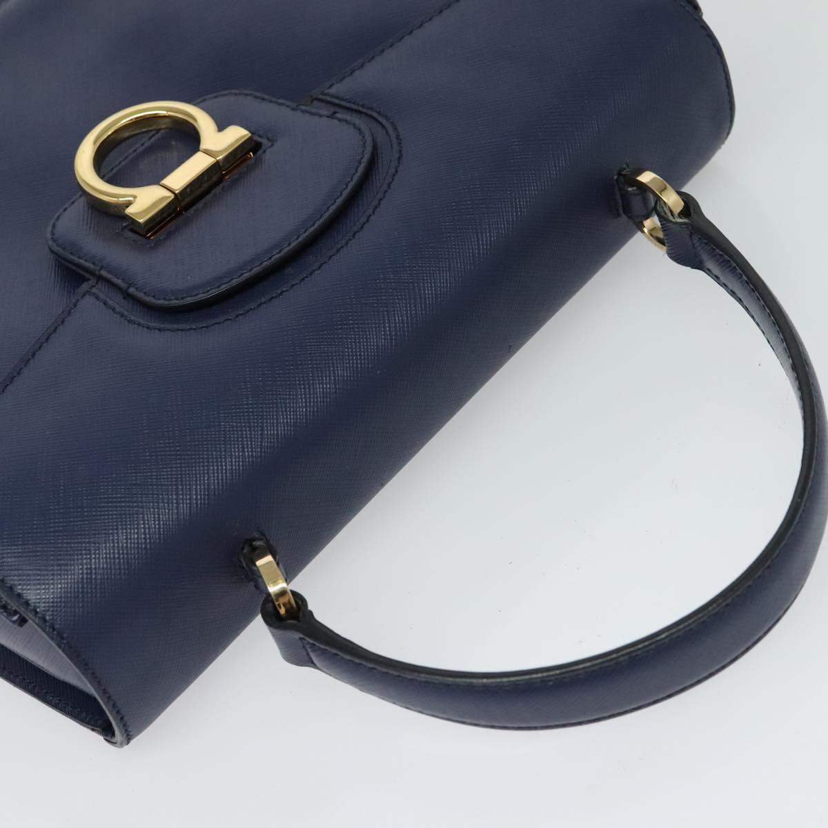 Salvatore Ferragamo Gancini Hand Bag Leather 2way Navy Gold Auth 120979
