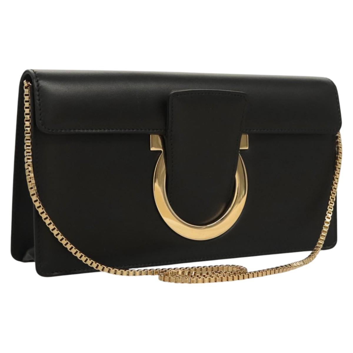 Salvatore Ferragamo Gancini Chain Shoulder Bag Leather Black Gold Auth 120981