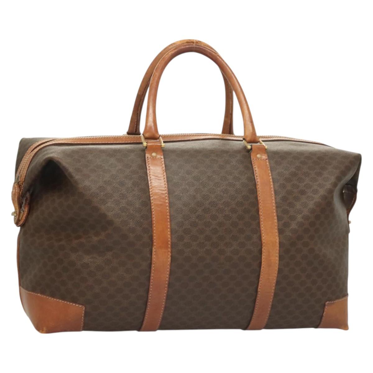 CELINE Macadam Canvas Boston Bag PVC Leather Brown Gold Auth 121130