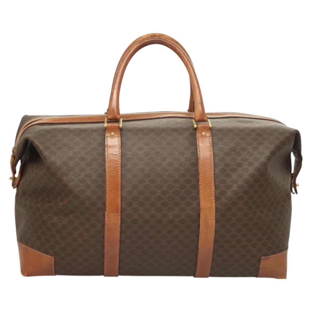 CELINE Macadam Canvas Boston Bag PVC Leather Brown Gold Auth 121130