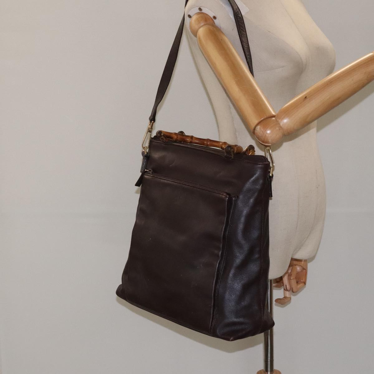 GUCCI Bamboo Hand Bag Leather 2way Dark Brown Gold Auth 121135