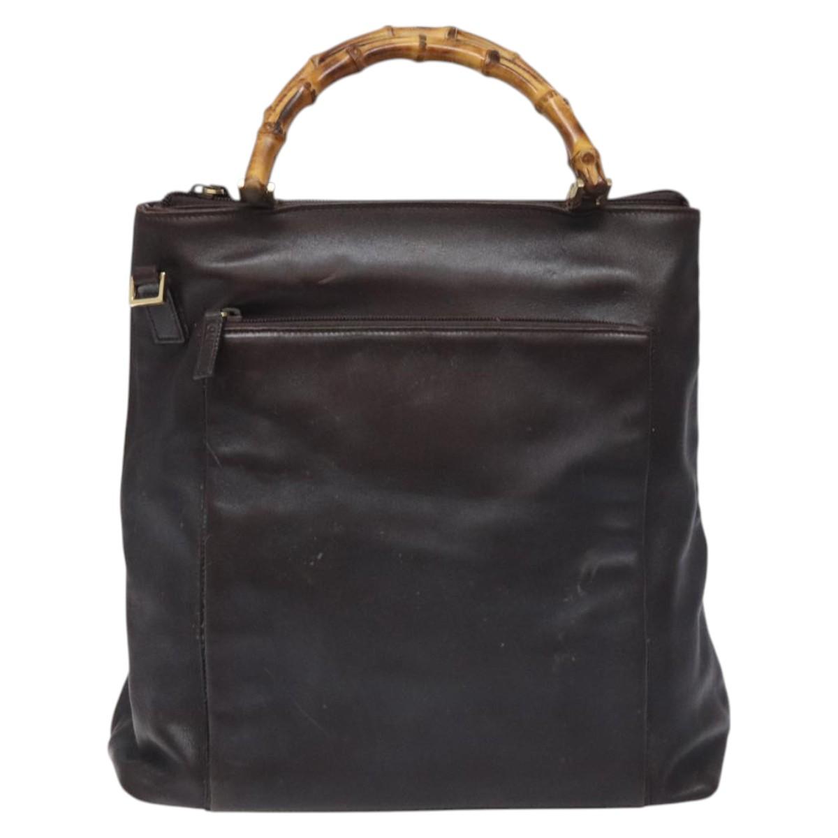 GUCCI Bamboo Hand Bag Leather 2way Dark Brown Gold Auth 121135