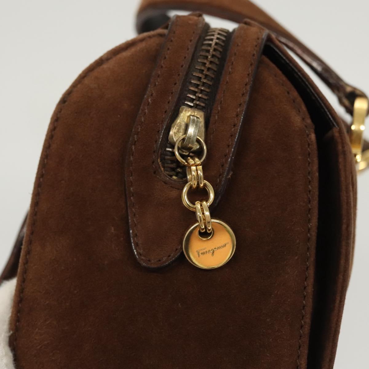 Salvatore Ferragamo Gancini Hand Bag Suede Brown Gold Auth 121161