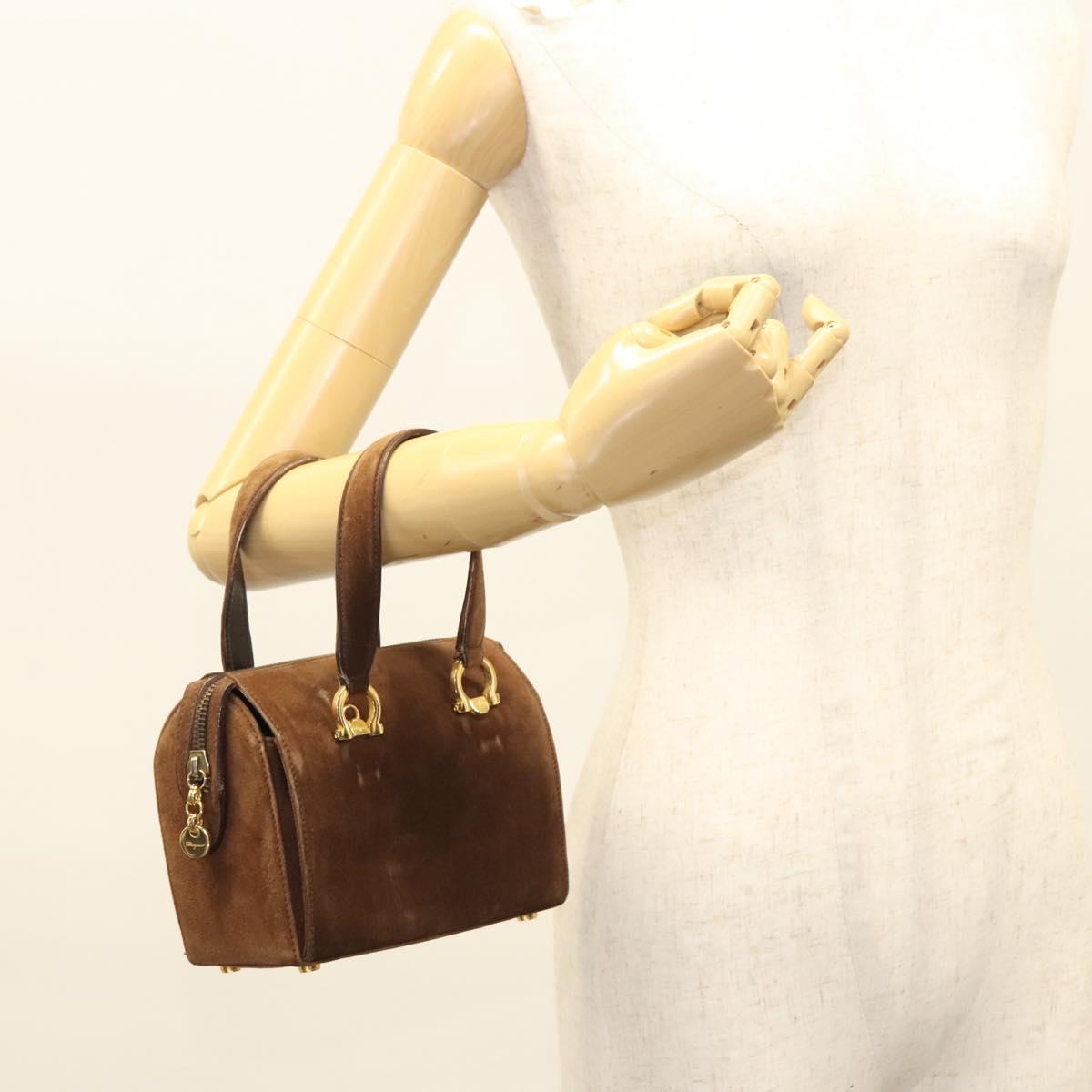 Salvatore Ferragamo Gancini Hand Bag Suede Brown Gold Auth 121161