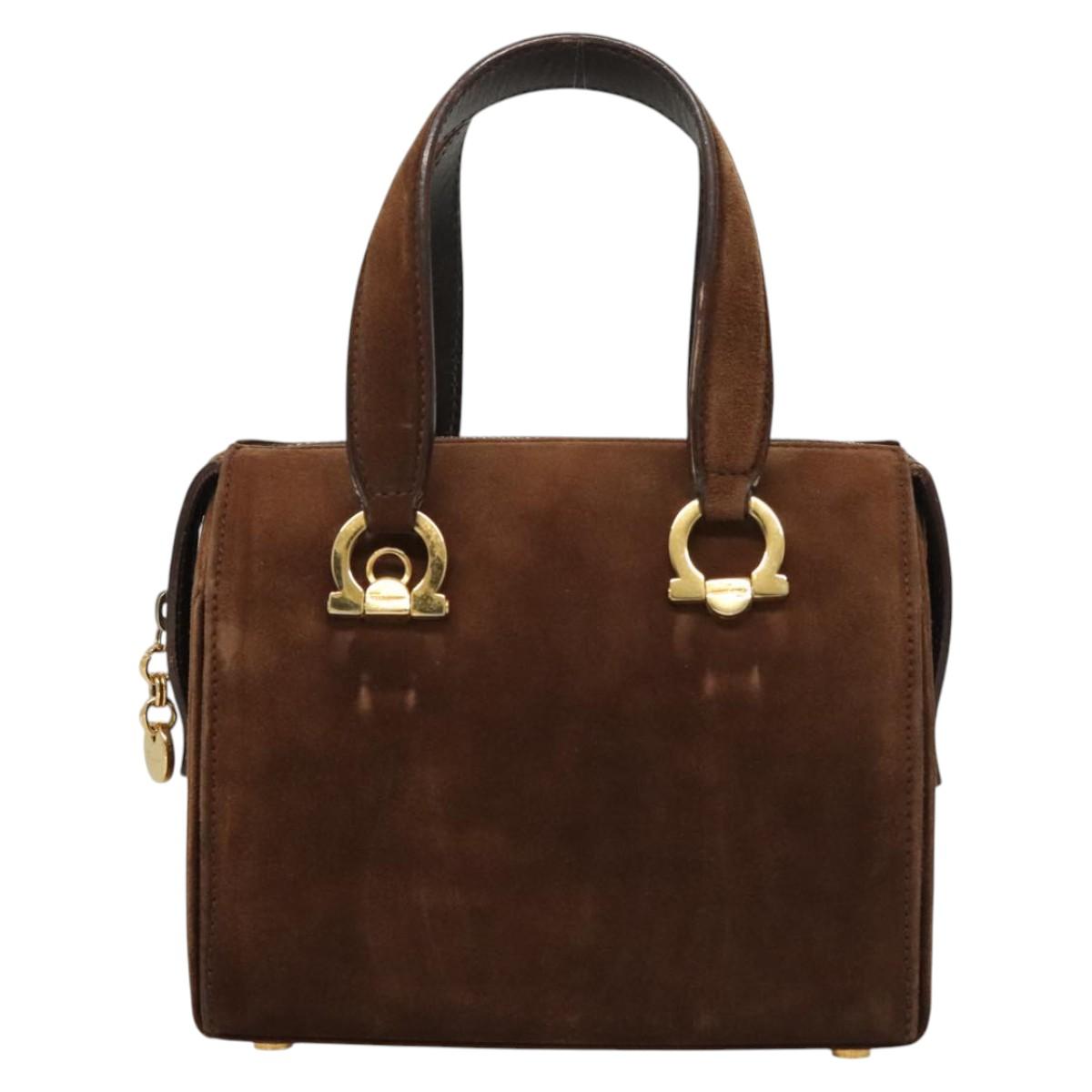 Salvatore Ferragamo Gancini Hand Bag Suede Brown Gold Auth 121161