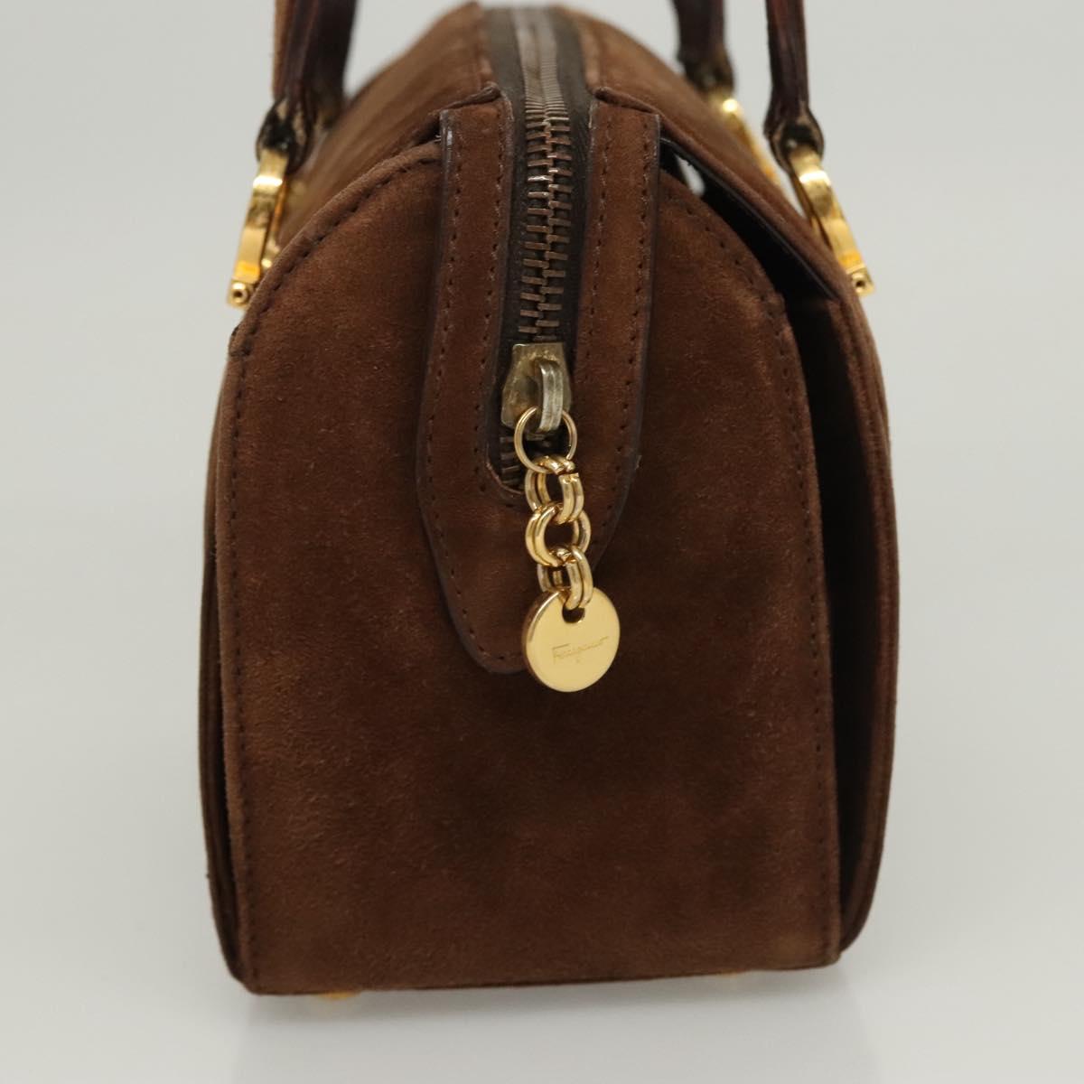 Salvatore Ferragamo Gancini Hand Bag Suede Brown Gold Auth 121161