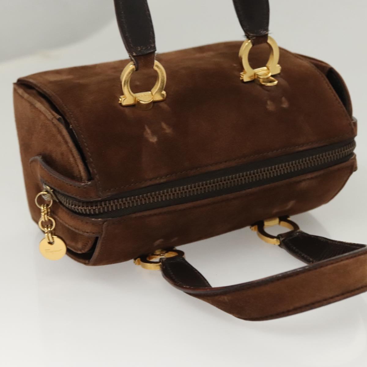 Salvatore Ferragamo Gancini Hand Bag Suede Brown Gold Auth 121161
