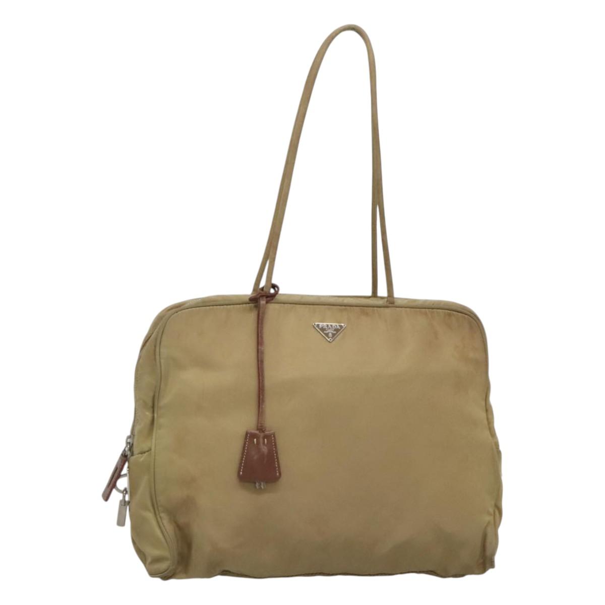 PRADA Tote Bag Nylon Beige Silver Auth 121206