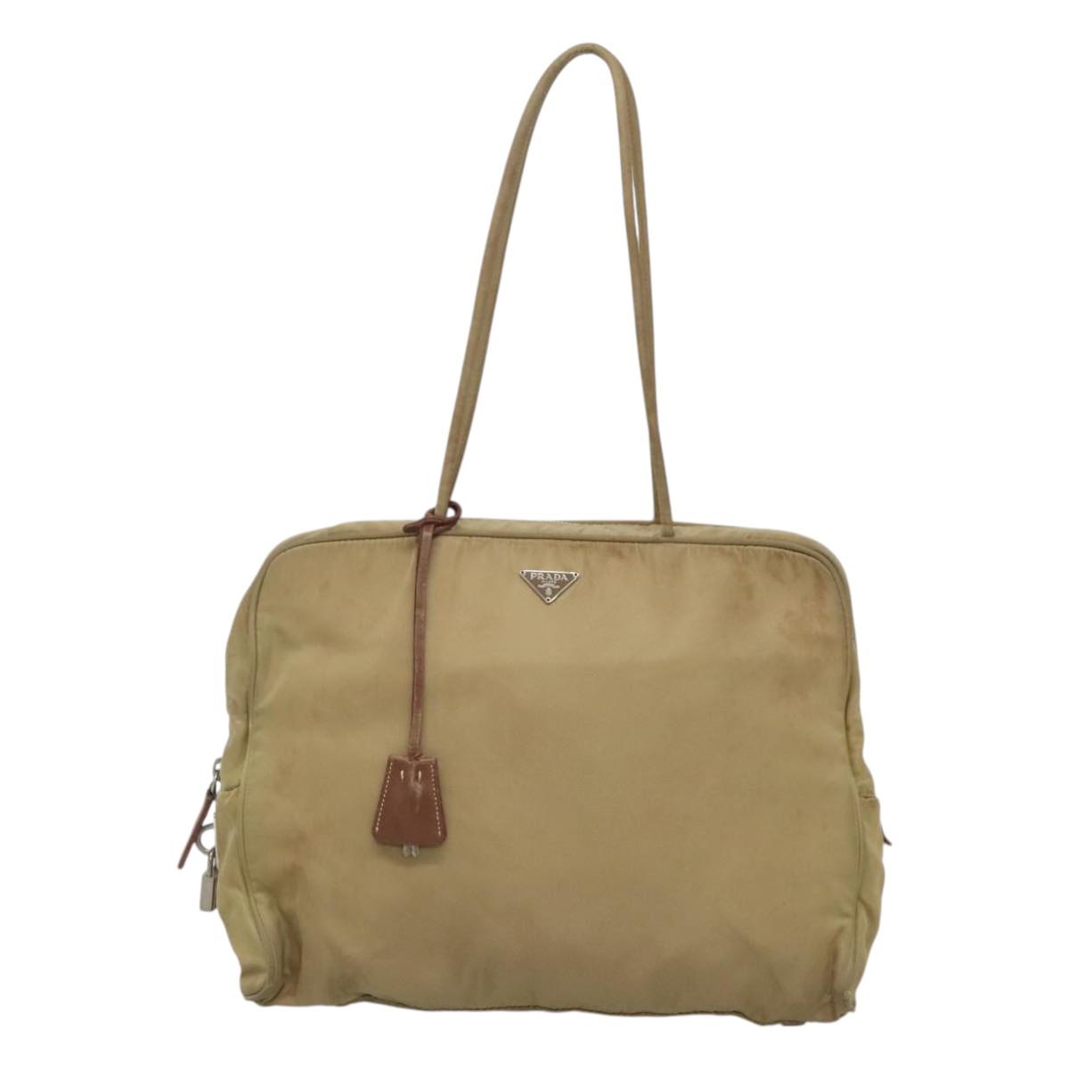PRADA Tote Bag Nylon Beige Silver Auth 121206