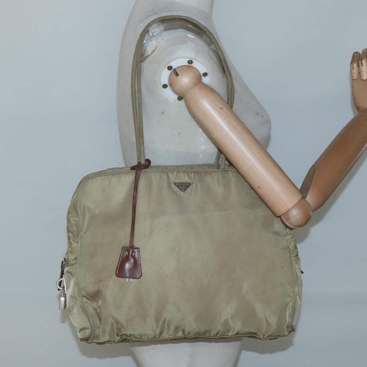 PRADA Tote Bag Nylon Beige Silver Auth 121206