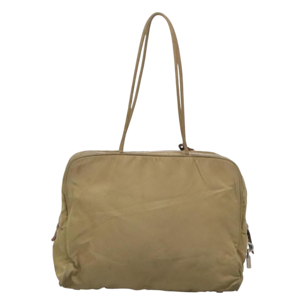PRADA Tote Bag Nylon Beige Silver Auth 121206