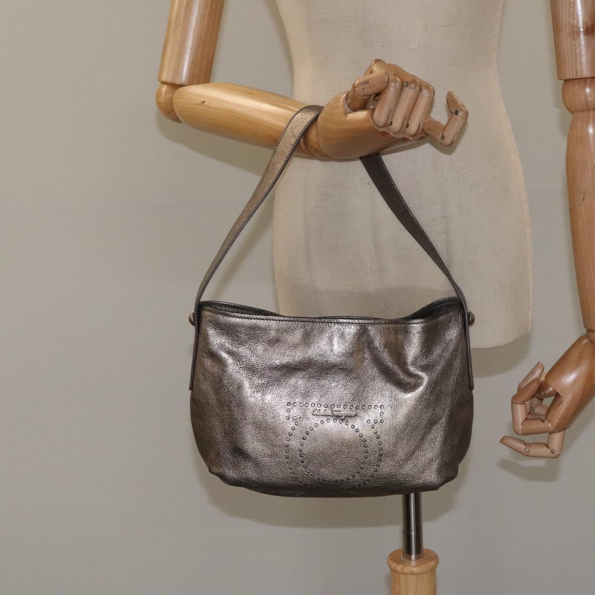 Salvatore Ferragamo Gancini Hand Bag Leather Silver Auth 121217