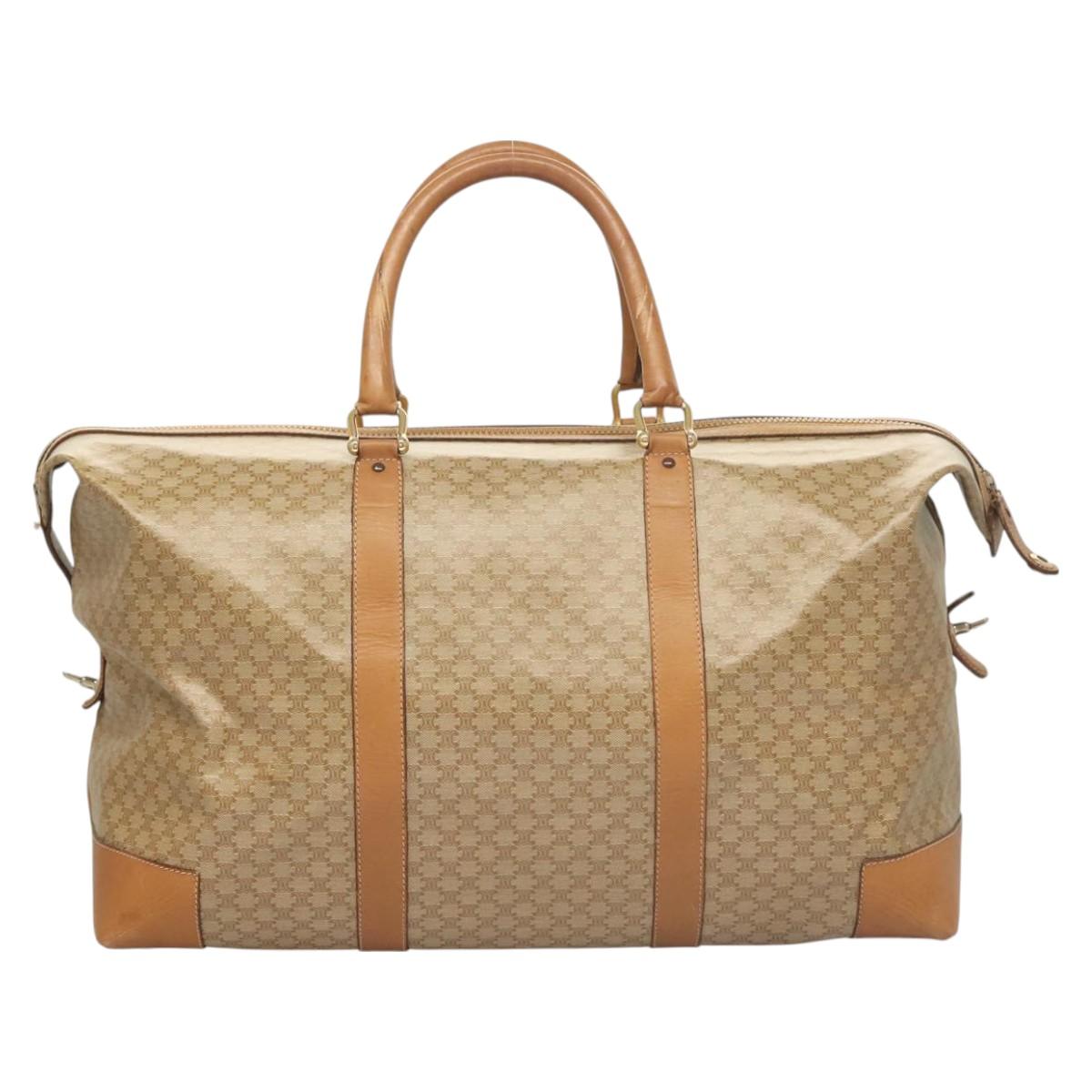 CELINE Macadam Canvas Boston Bag PVC Brown Gold Auth 121232