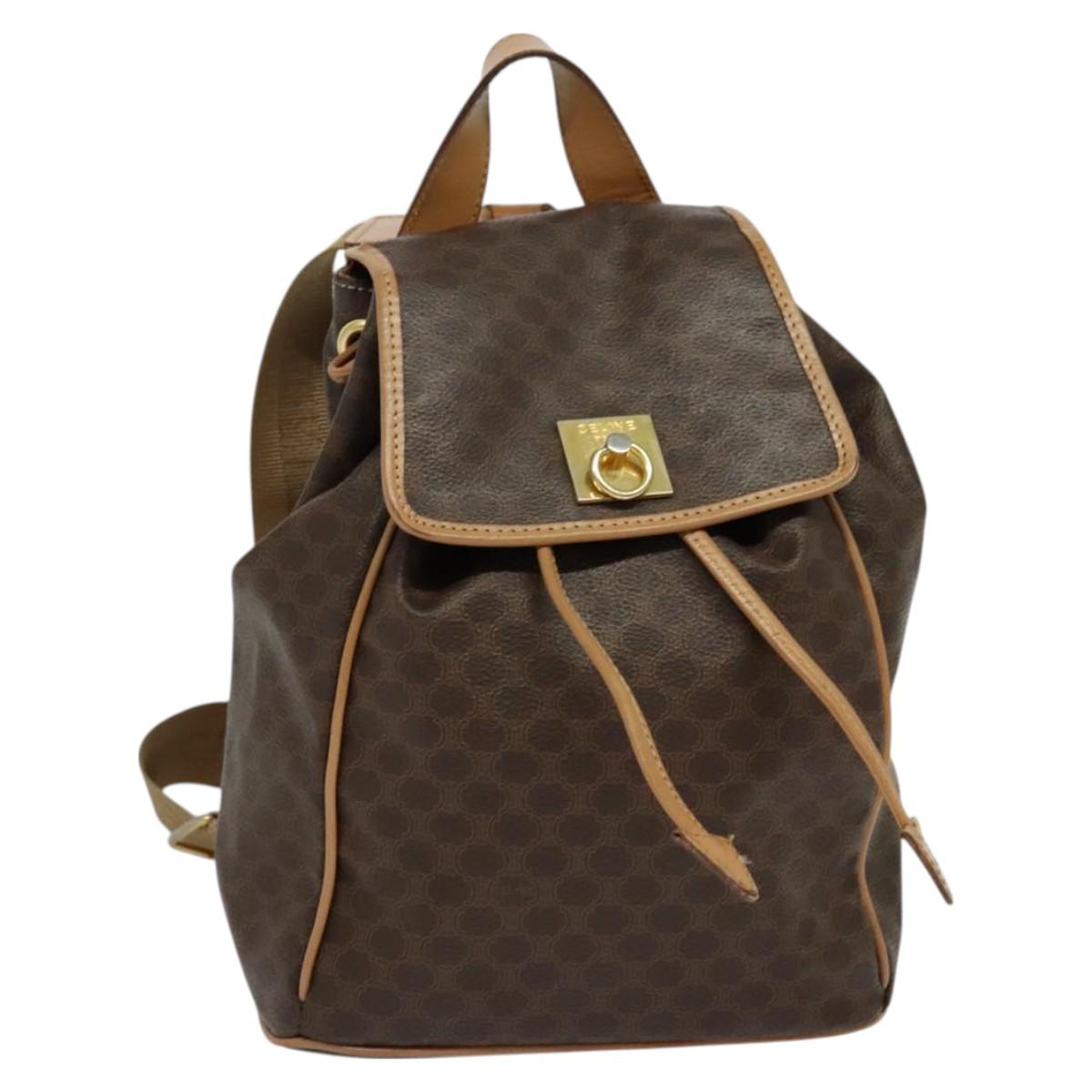 CELINE Macadam Canvas Backpack PVC Leather Brown Gold Auth 121237