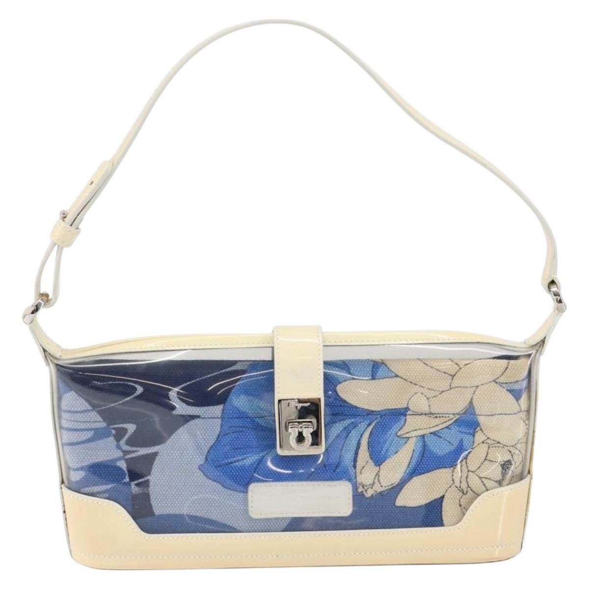 Salvatore Ferragamo Shoulder Bag Enamel Cream Blue Auth 121303