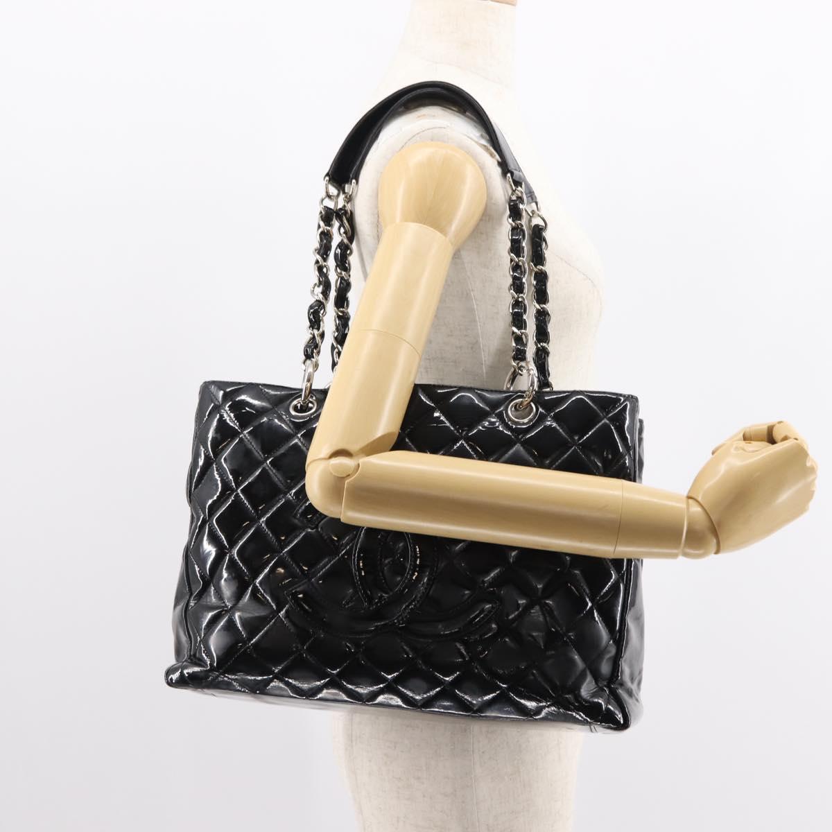 CHANEL Chain Tote Bag Enamel Black Silver CC Auth 121328V