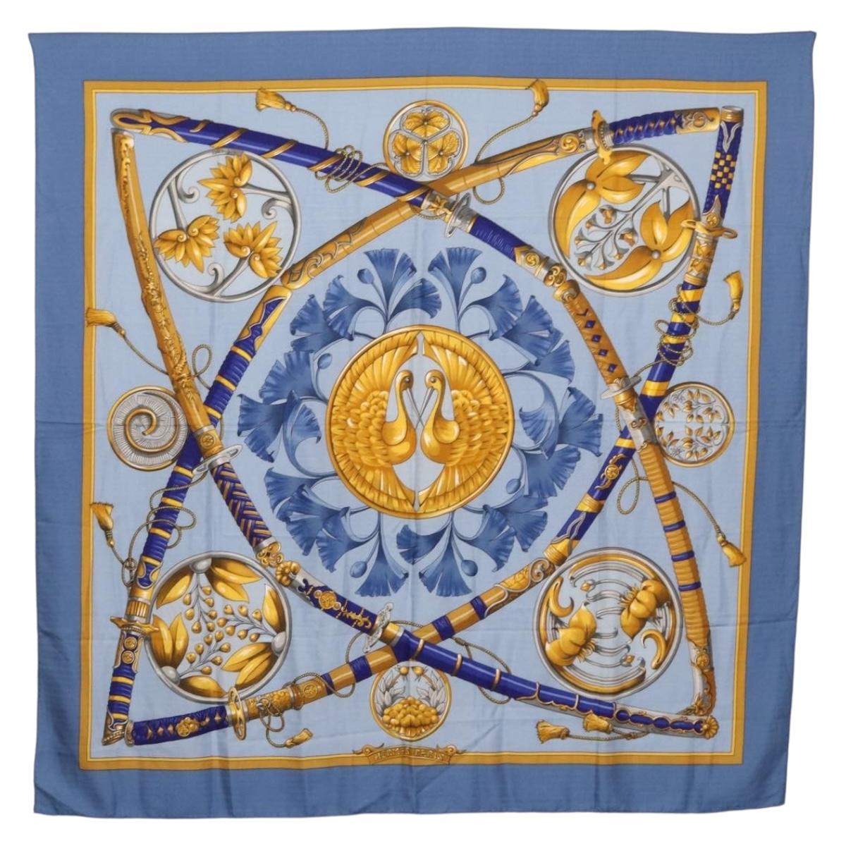 HERMES Carre 140 Scarf Silk Cashmere Light Blue Auth 121330V