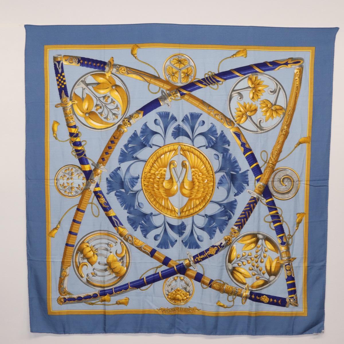HERMES Carre 140 Scarf Silk Cashmere Light Blue Auth 121330V