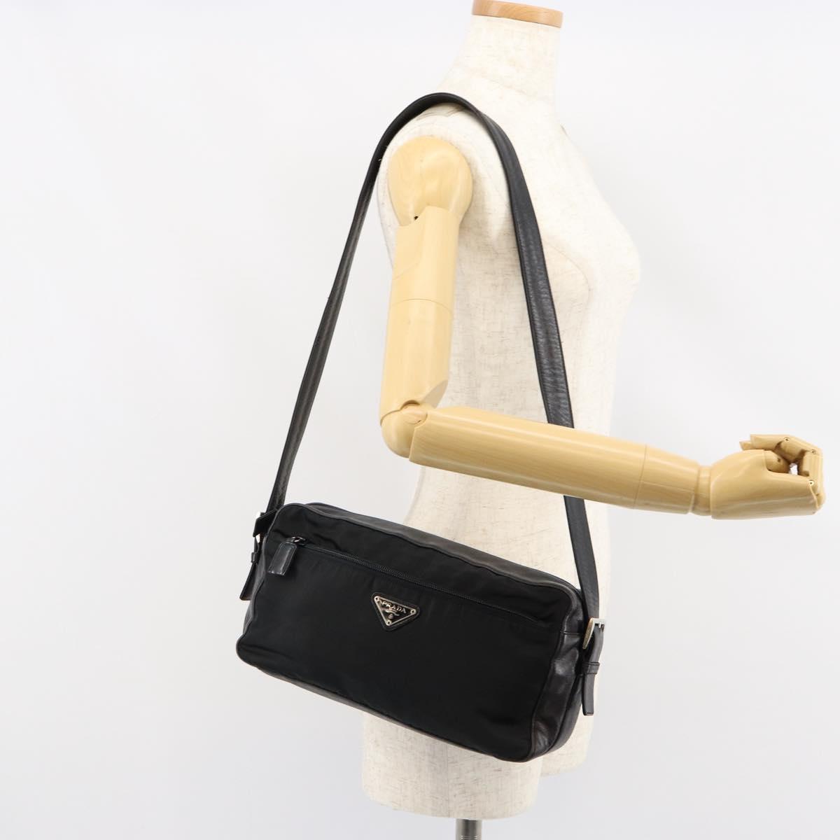 PRADA Shoulder Bag Nylon Leather Black Silver Auth 121352