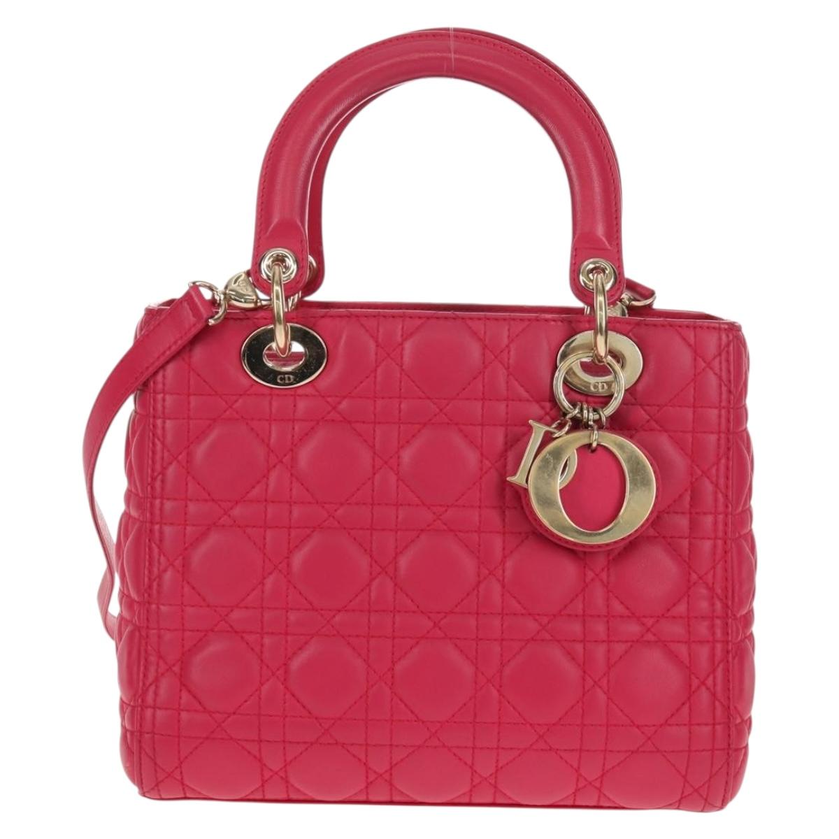 Christian Dior Canage Lady Dior Hand Bag Lamb Skin 2way Pink Gold Auth 121358V