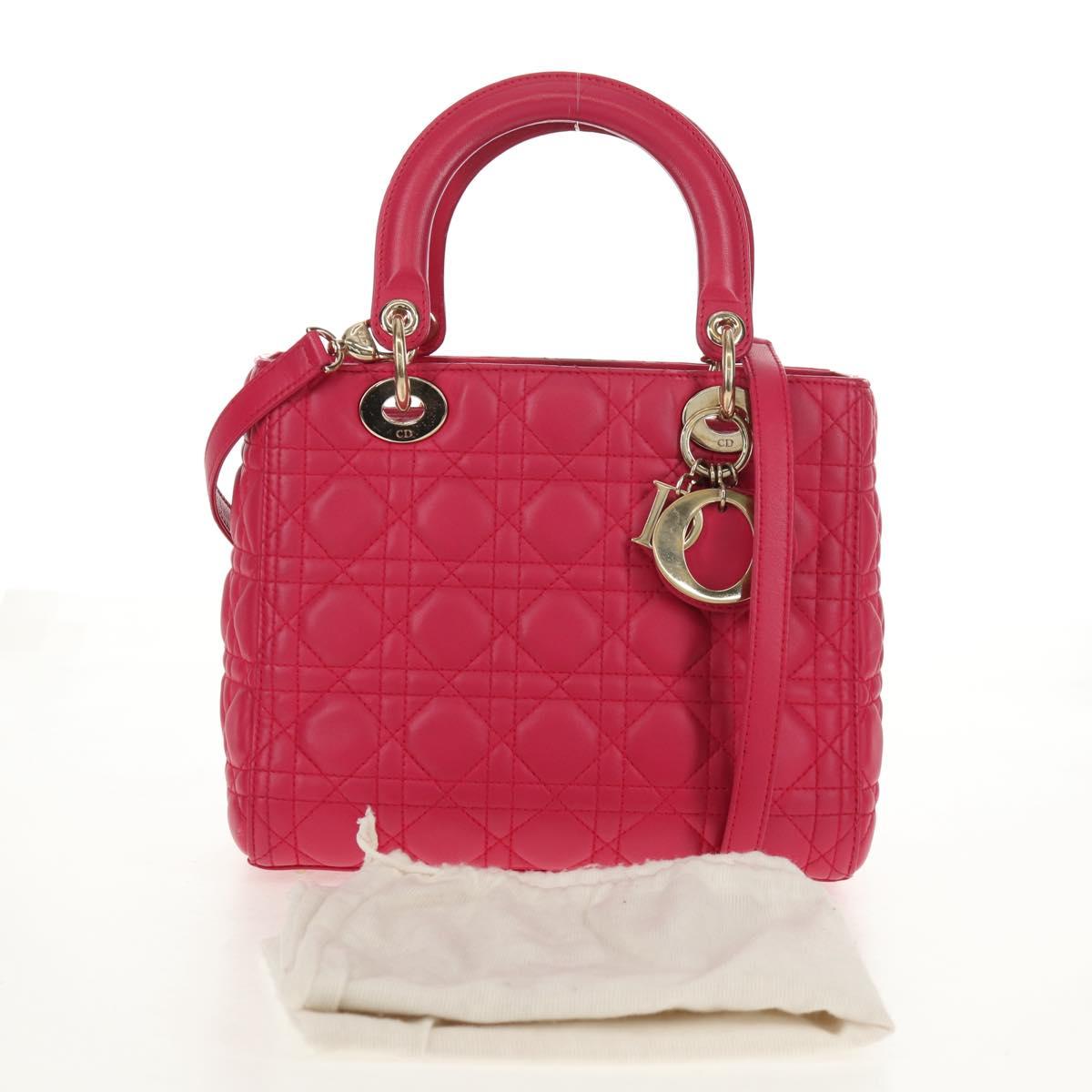 Christian Dior Canage Lady Dior Hand Bag Lamb Skin 2way Pink Gold Auth 121358V