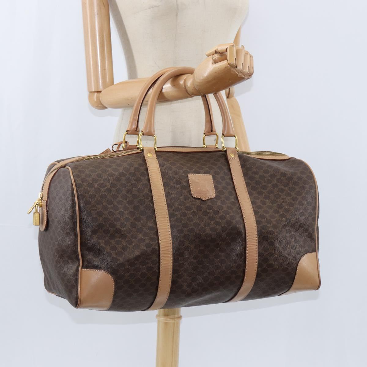 CELINE Macadam Canvas Boston Bag PVC Leather Brown Gold Auth 121362