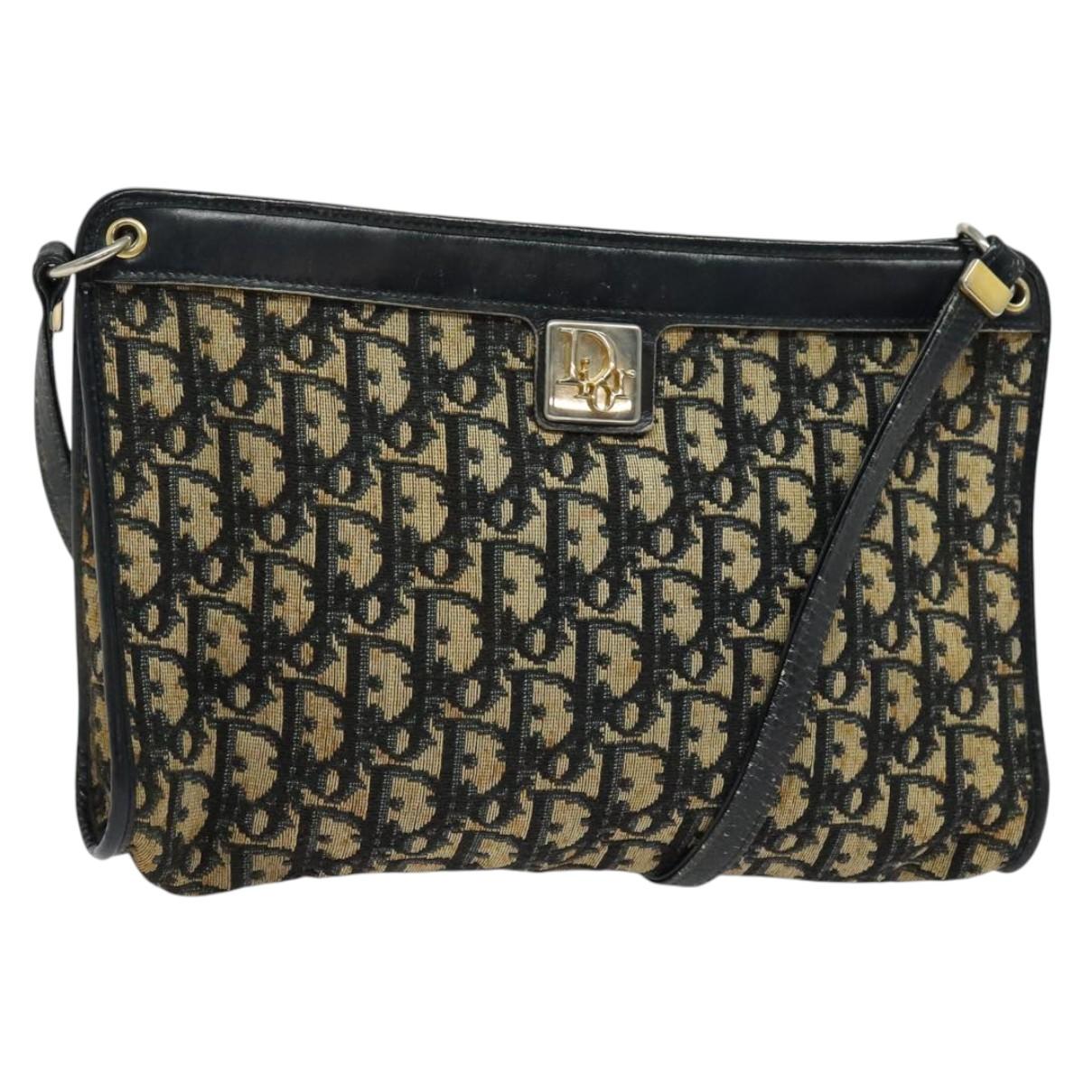 Christian Dior Trotter Canvas Shoulder Bag Navy Gold Auth 121410