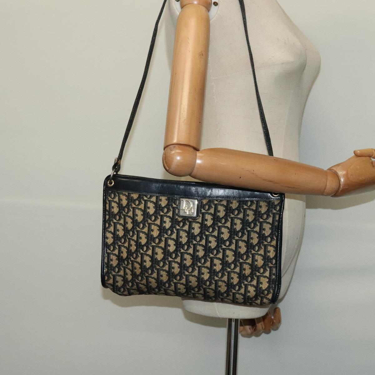 Christian Dior Trotter Canvas Shoulder Bag Navy Gold Auth 121410