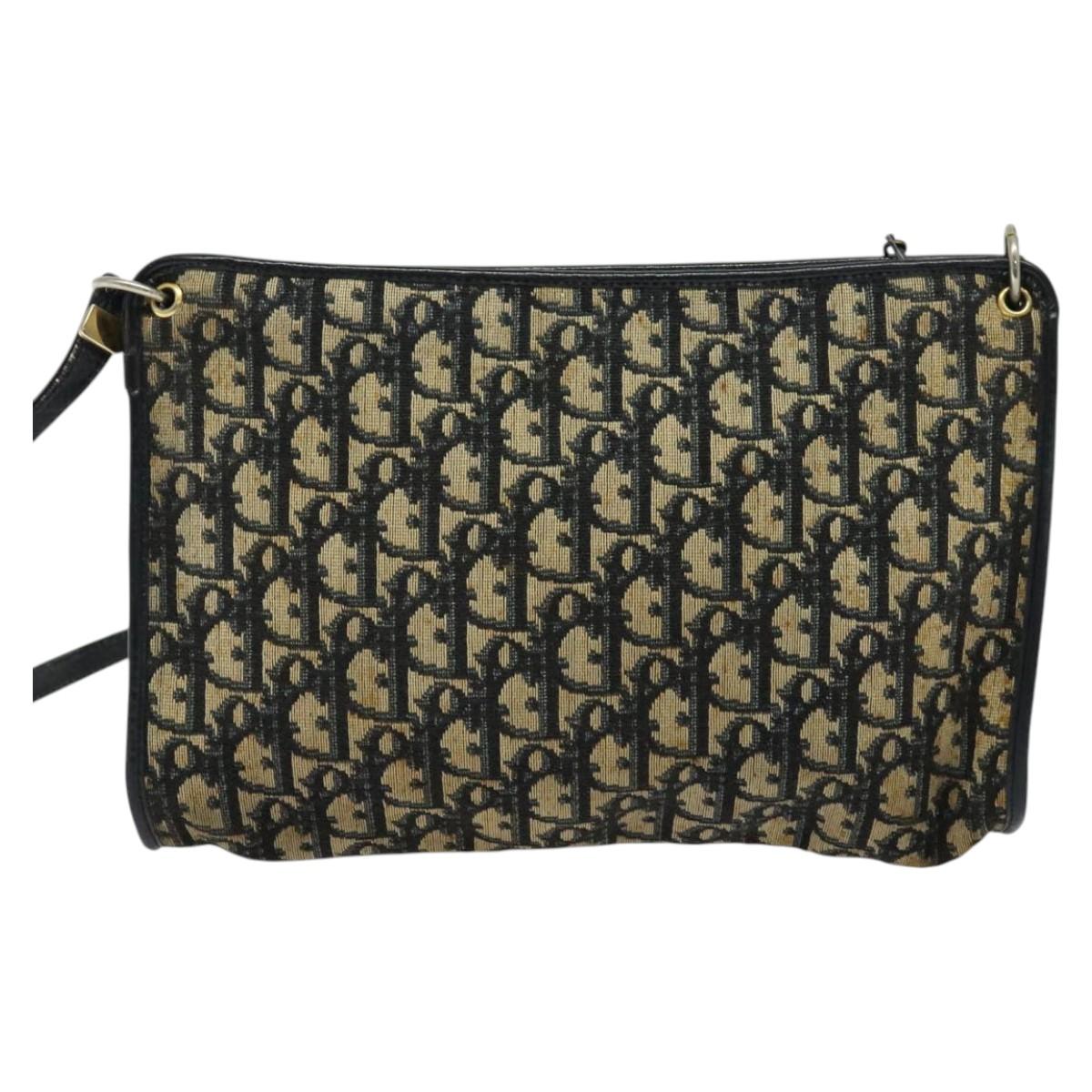 Christian Dior Trotter Canvas Shoulder Bag Navy Gold Auth 121410