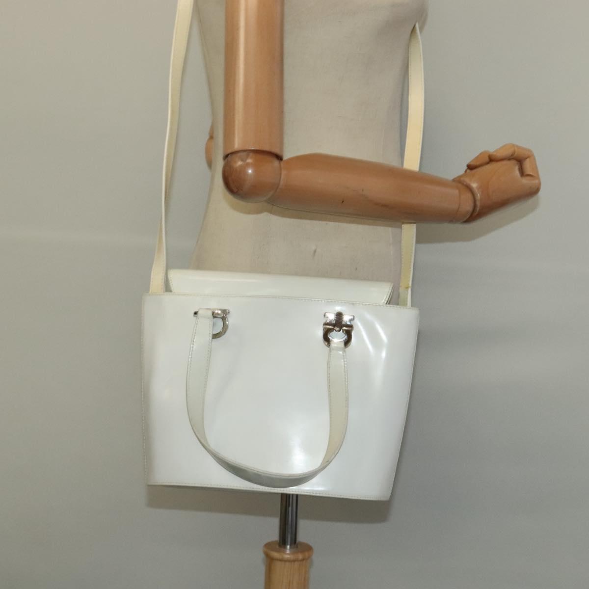 Salvatore Ferragamo Gancini Hand Bag Patent 2way White Silver Auth 121420