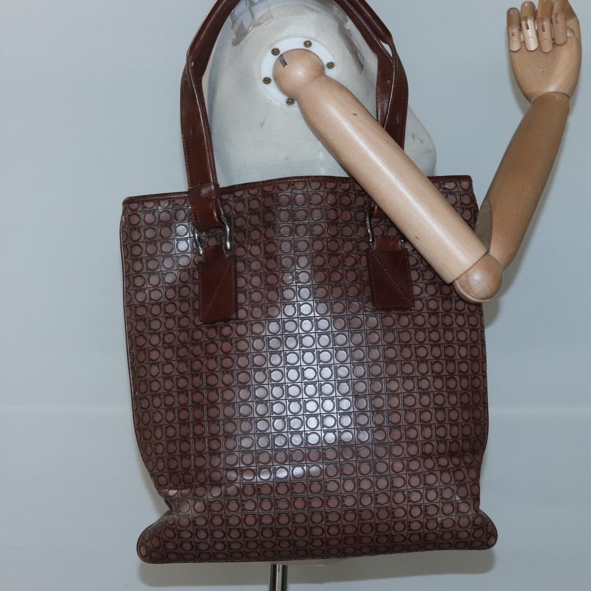 Salvatore Ferragamo Gancini Tote Bag Leather Brown Silver Auth 121422