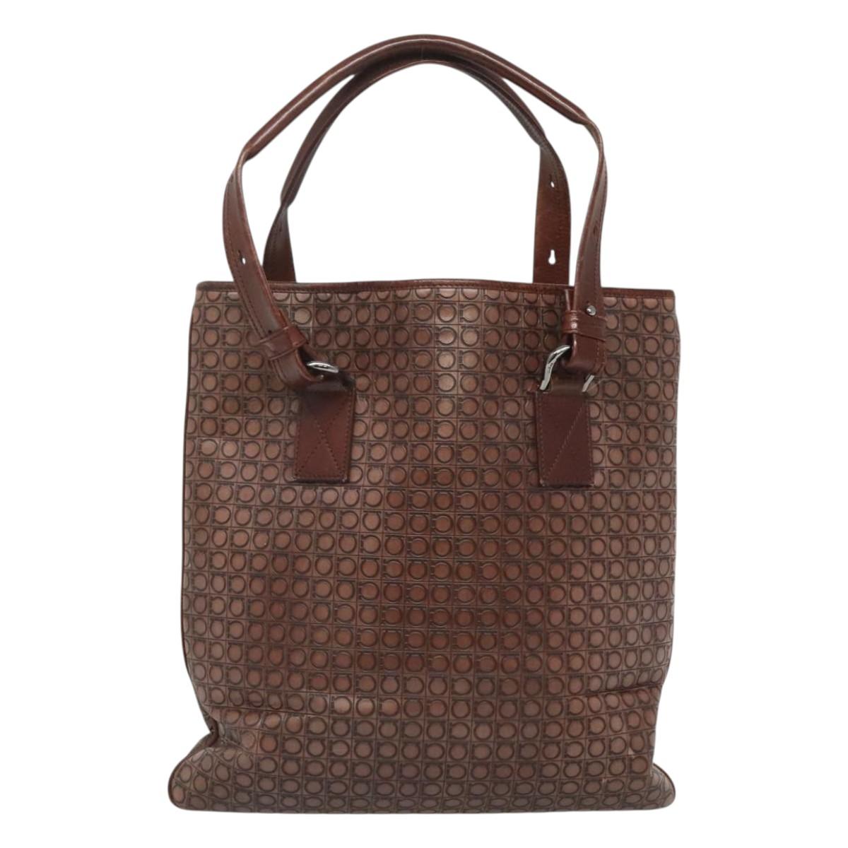Salvatore Ferragamo Gancini Tote Bag Leather Brown Silver Auth 121422