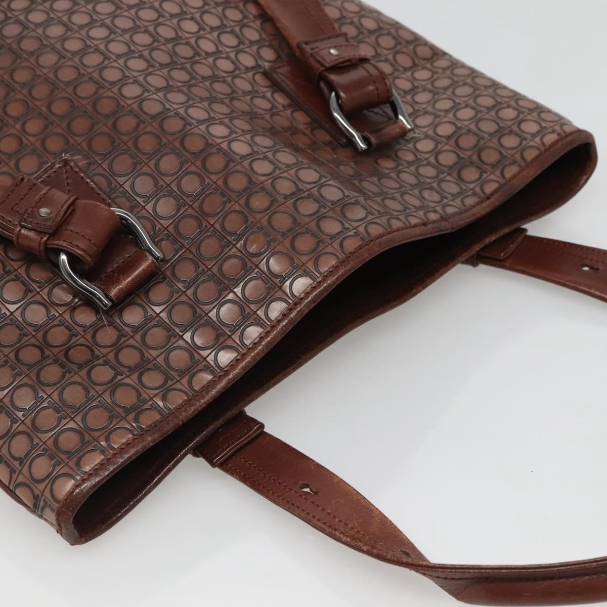 Salvatore Ferragamo Gancini Tote Bag Leather Brown Silver Auth 121422