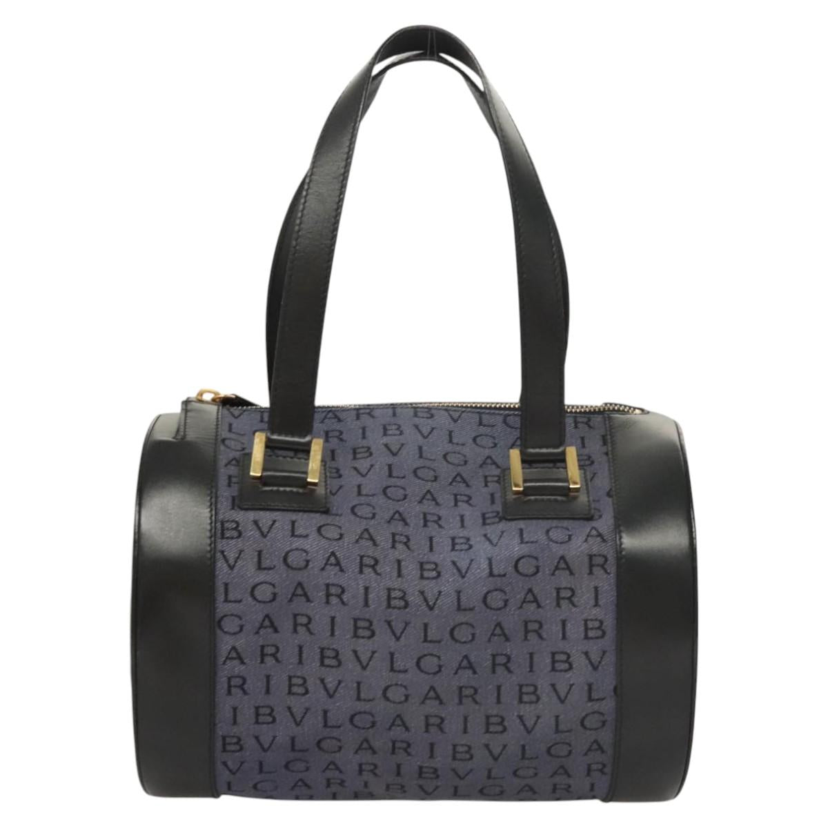 BVLGARI Hand Bag Canvas Navy Gold Auth 121454