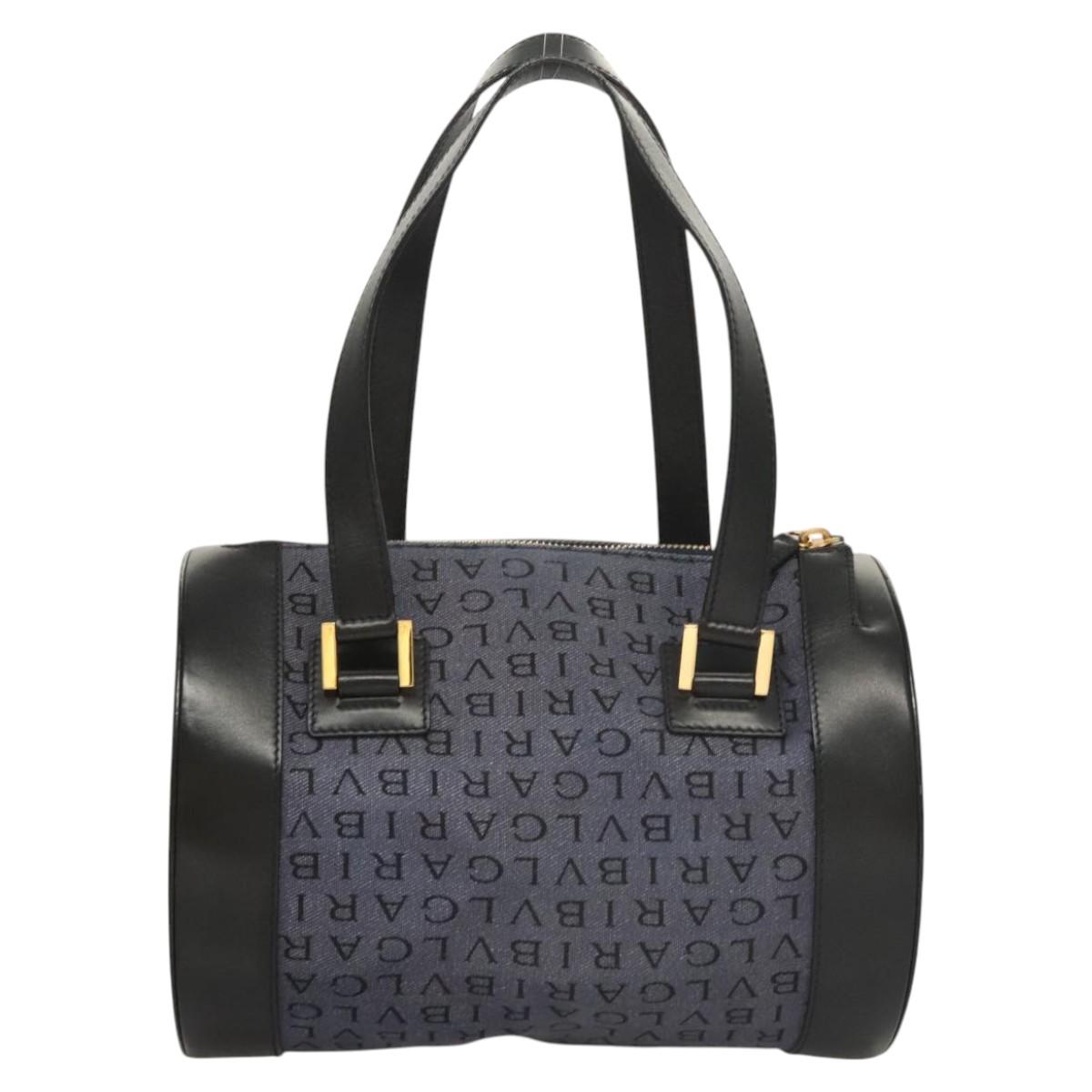 BVLGARI Hand Bag Canvas Navy Gold Auth 121454