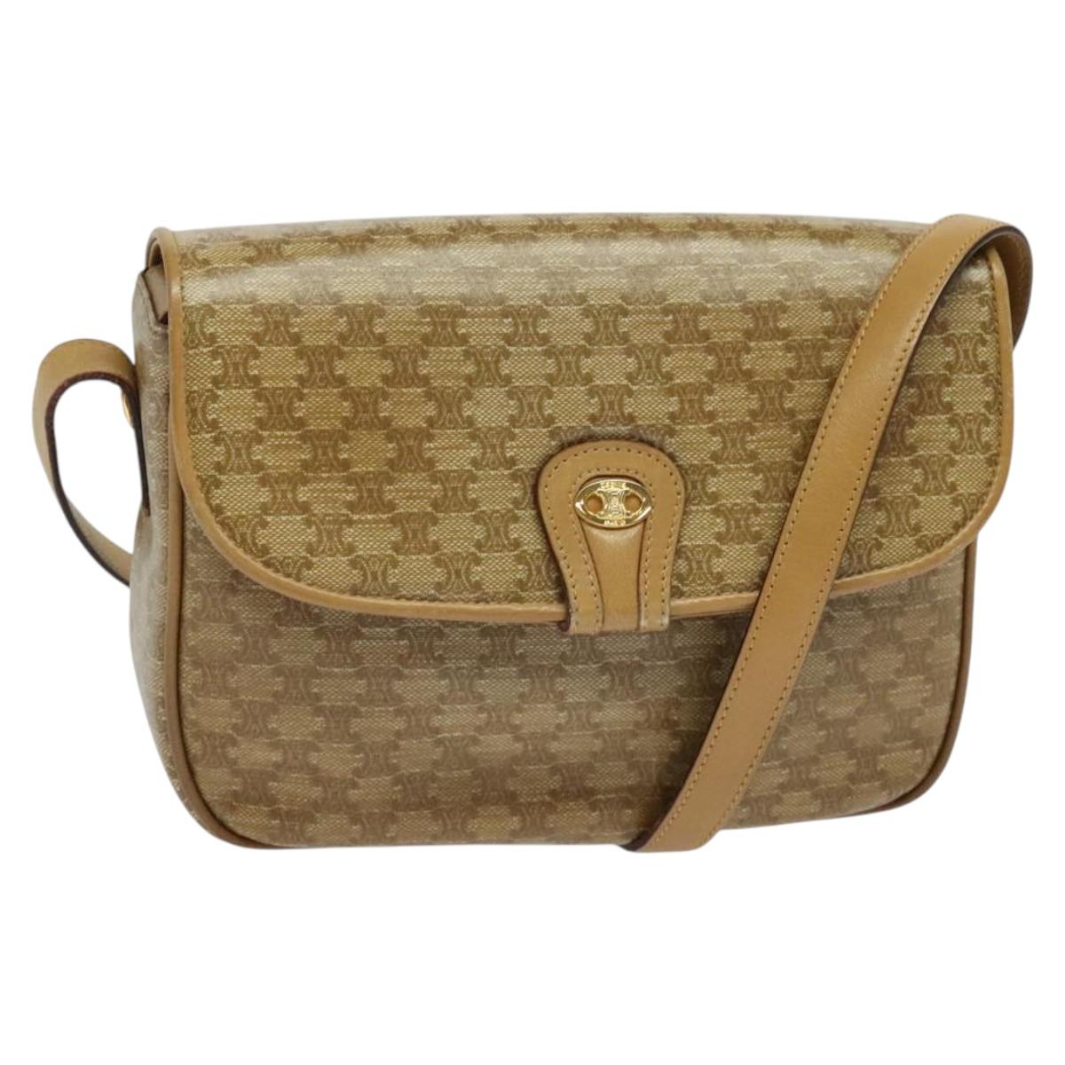 CELINE Macadam Canvas Shoulder Bag Beige Gold Auth 121456