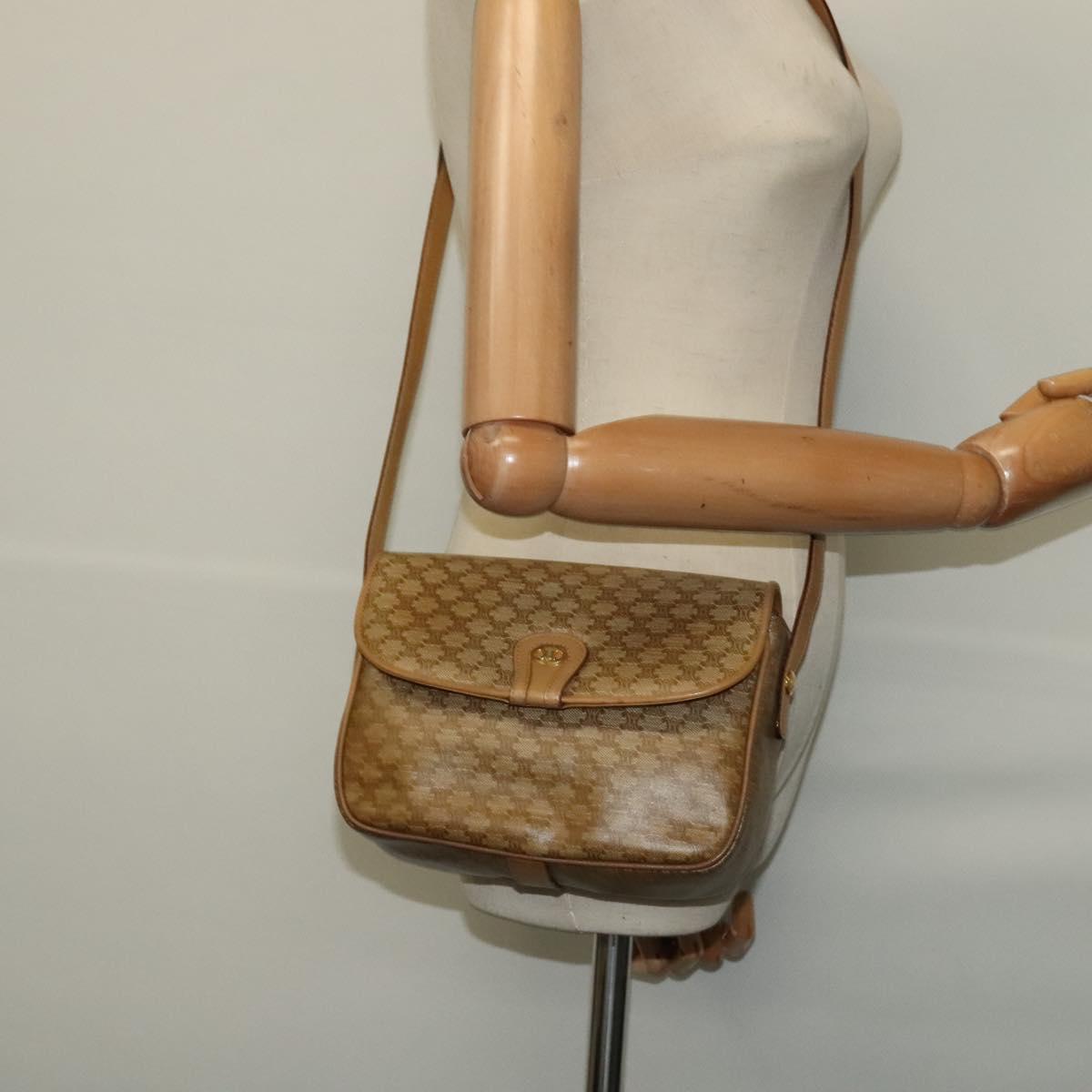 CELINE Macadam Canvas Shoulder Bag Beige Gold Auth 121456