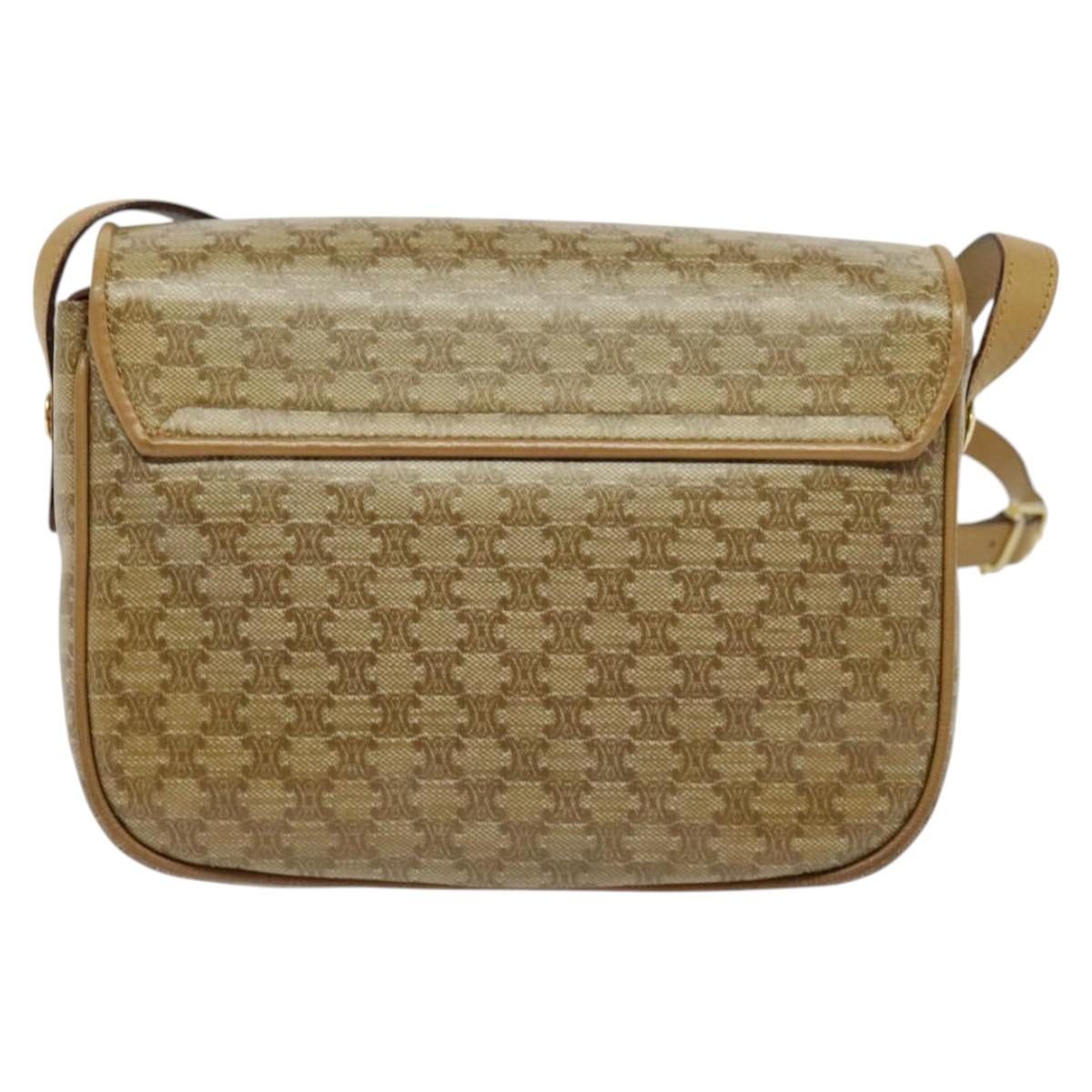 CELINE Macadam Canvas Shoulder Bag Beige Gold Auth 121456