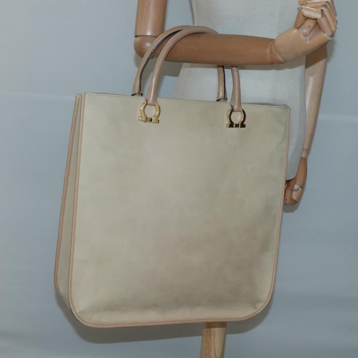 Salvatore Ferragamo Gancini Tote Bag Suede Beige Gold Auth 121469